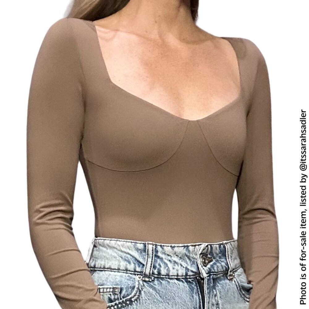 Aritzia Long-Sleeve Scoop-Neck Bodysuit in Taupe